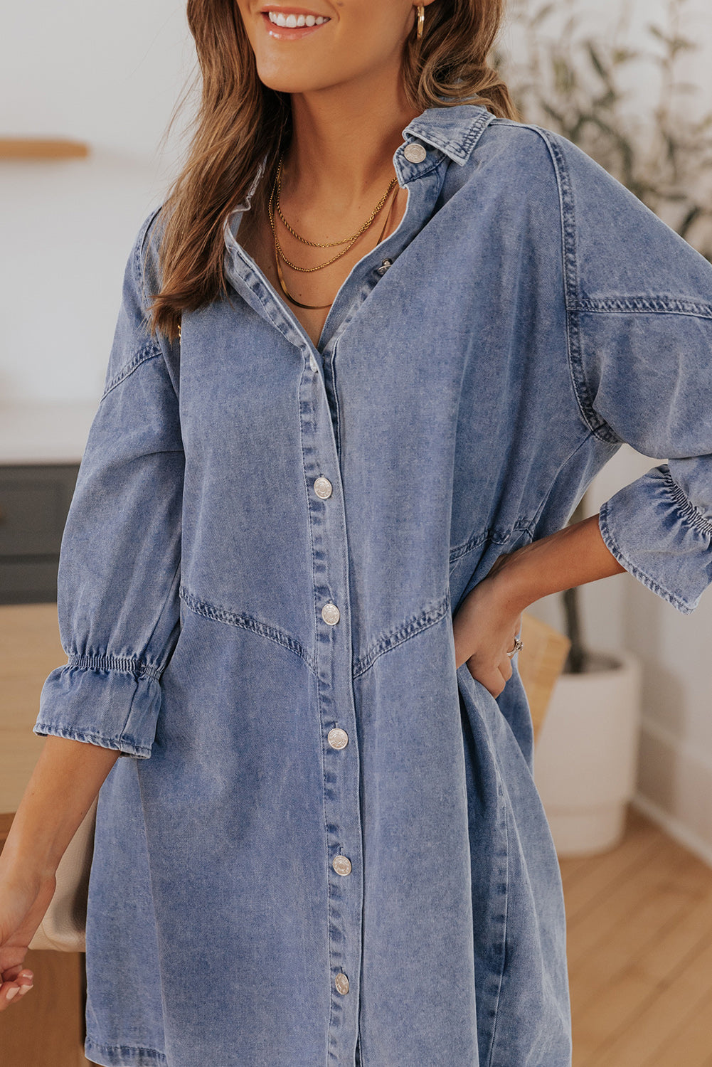 Sky Blue Buttoned Denim Long Sleeve Dress
