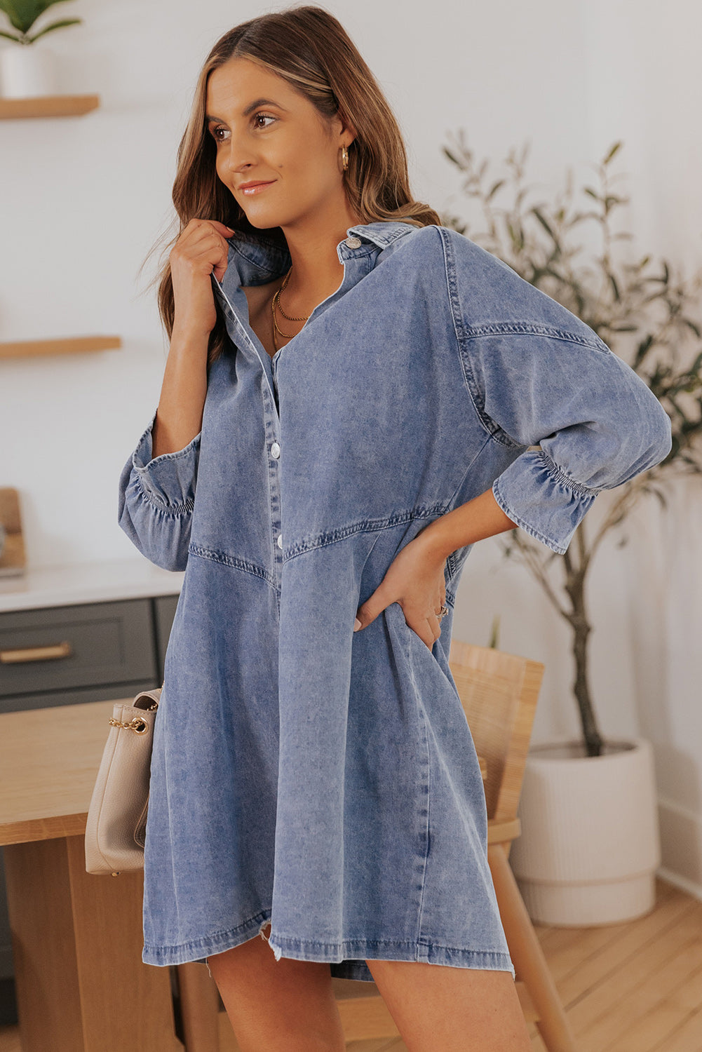 Sky Blue Buttoned Denim Long Sleeve Dress