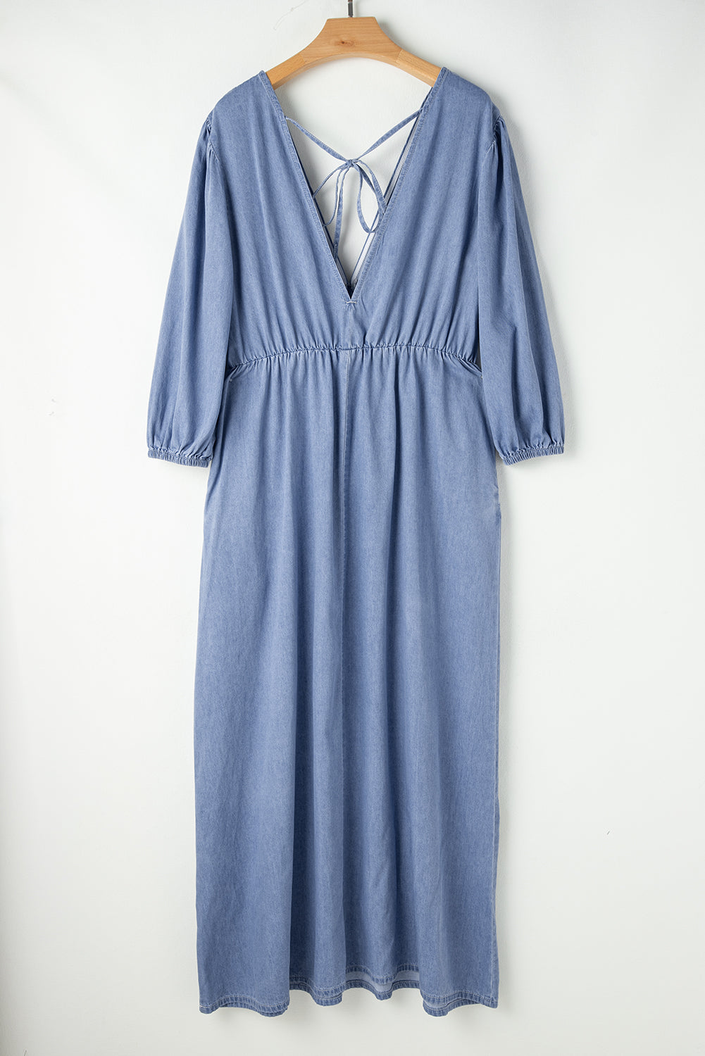 Denim Chambray Deep V Neck Bracelet Sleeve Maxi Dress