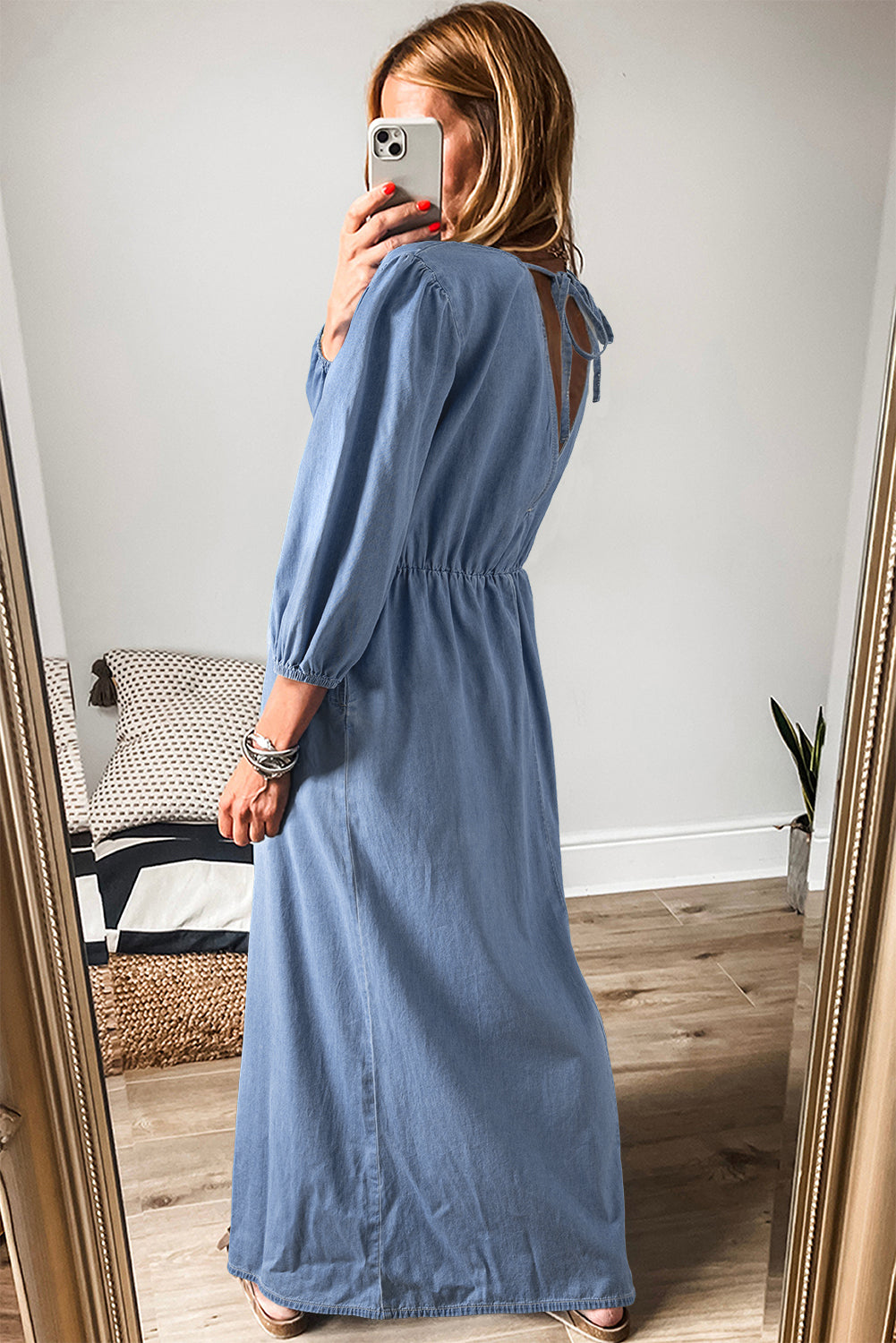 Denim Chambray Deep V Neck Bracelet Sleeve Maxi Dress