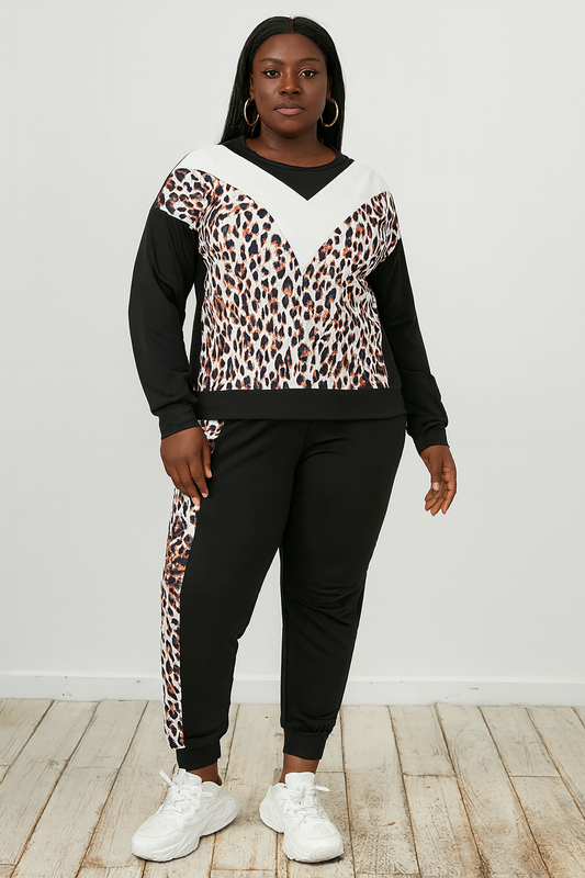 Plus Size Leopard Sweatshirt and Sweatpants Set