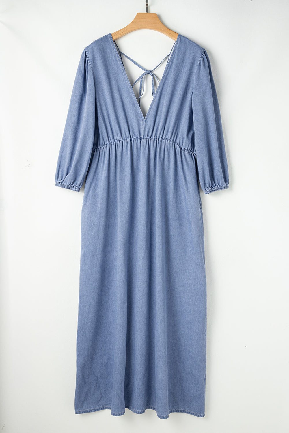 Denim Chambray Deep V Neck Bracelet Sleeve Maxi Dress