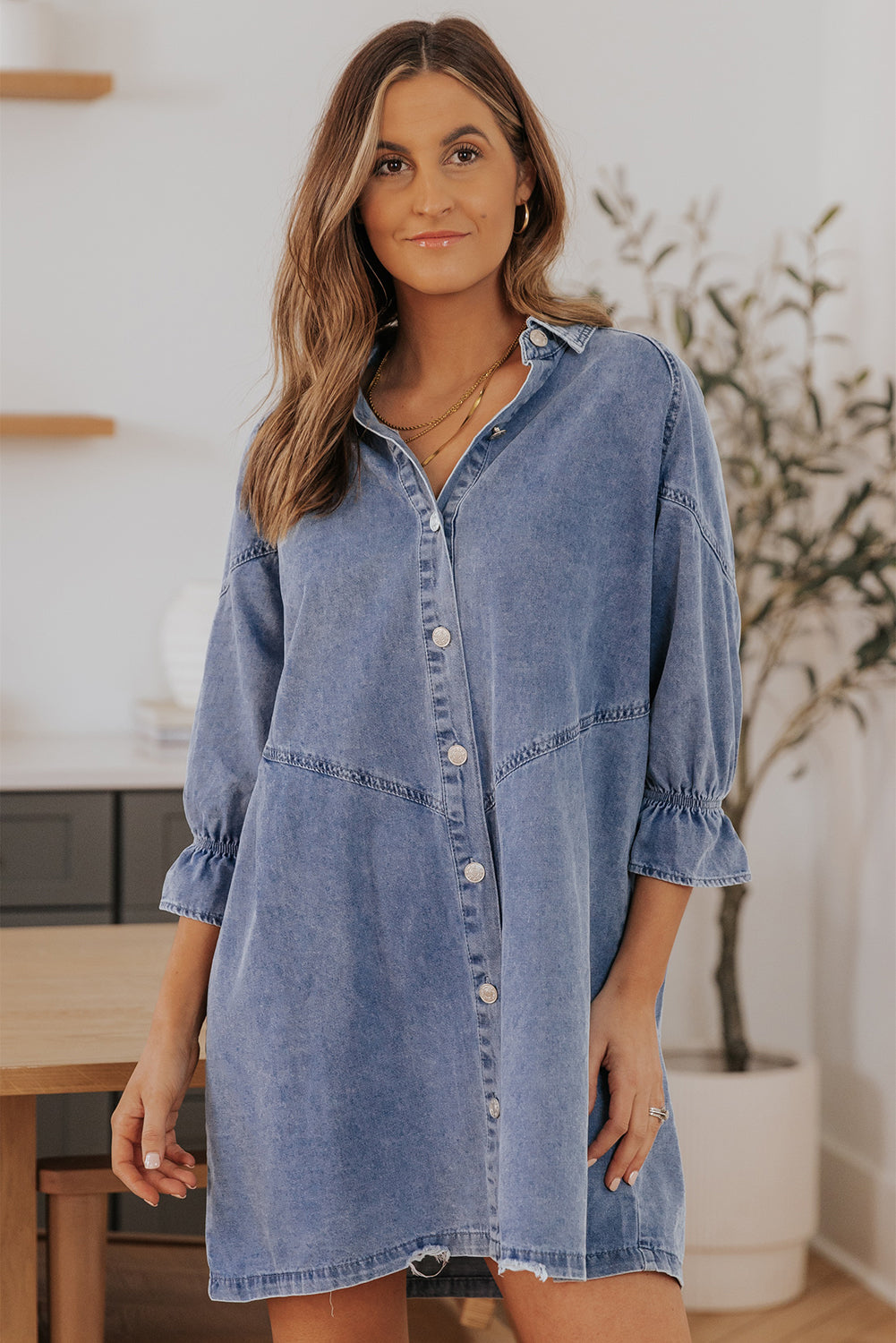 Sky Blue Buttoned Denim Long Sleeve Dress