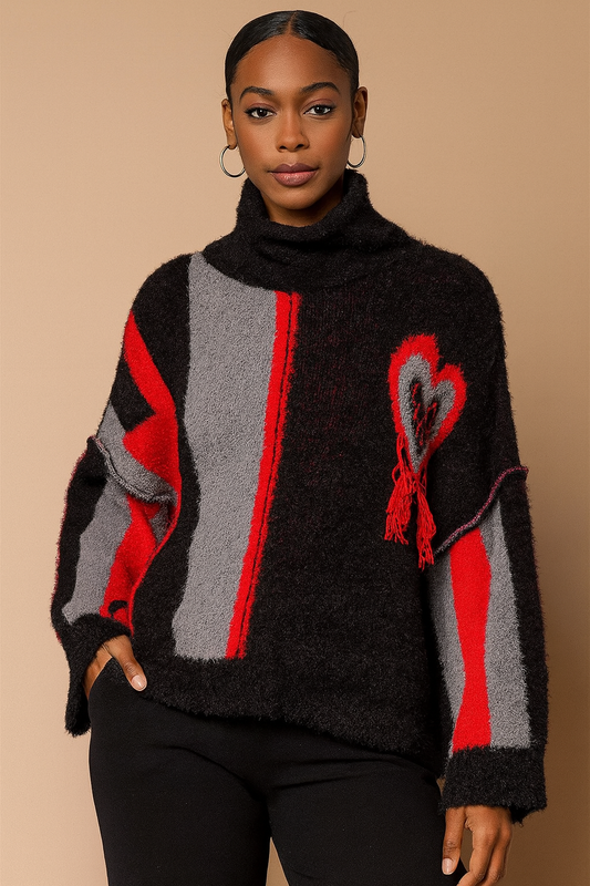 POL Turtleneck Color Block Fringe Detail Sweater