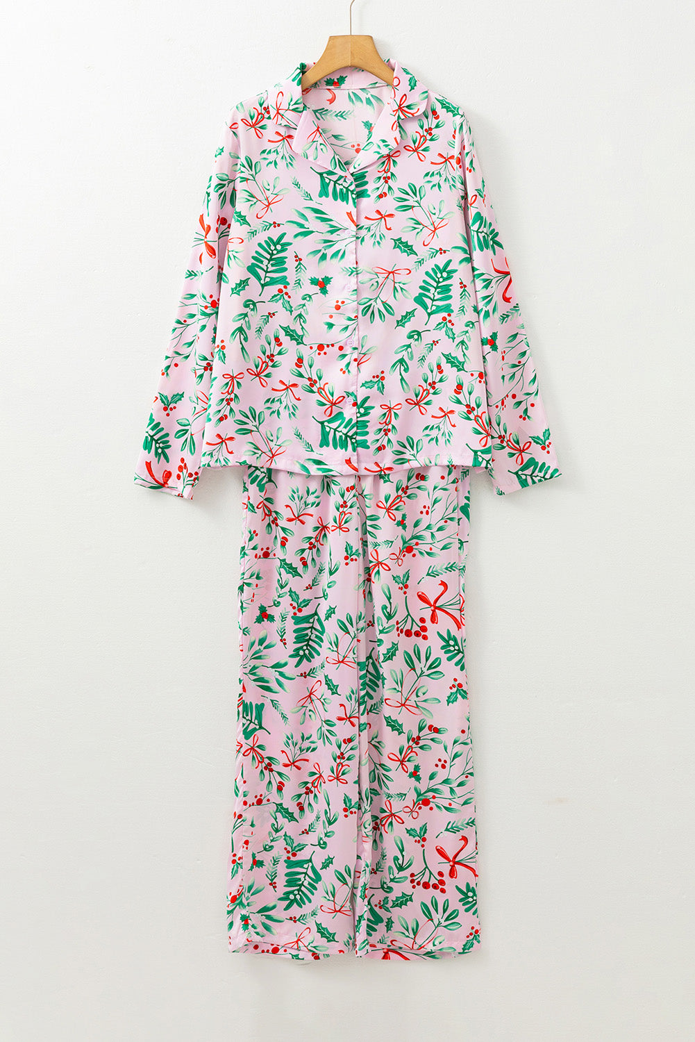 Pink Christmas Berries Print Satin Pajama Set