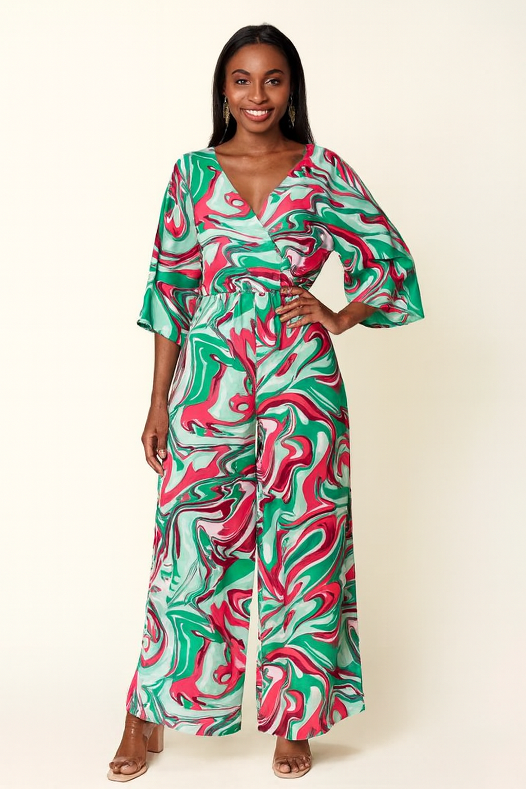 Double Take Full Size Half Sleeve Wide Leg Jumpsuit