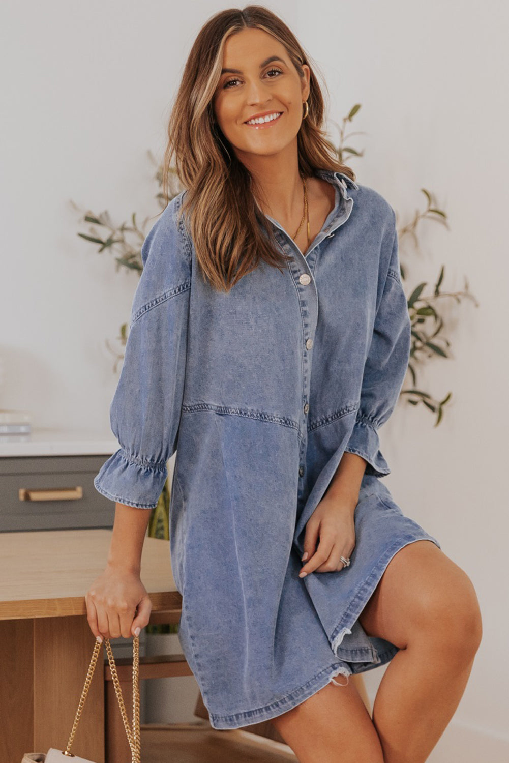Sky Blue Buttoned Denim Long Sleeve Dress