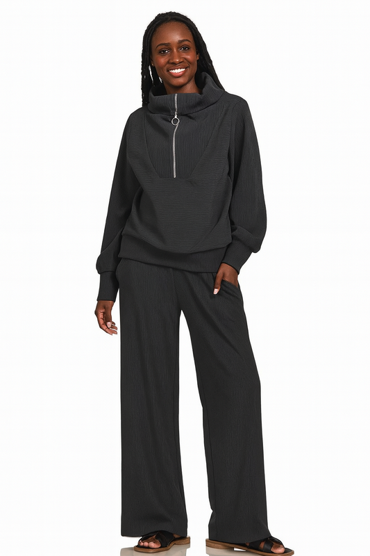 Zenana Ribbed High Neck Half Zip Pullover & Pants Set