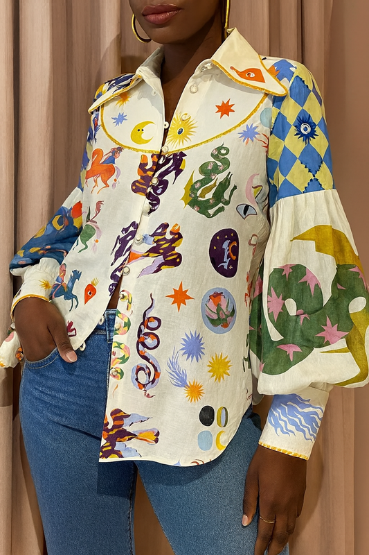 Printed Button Up Lantern Sleeve Shirt