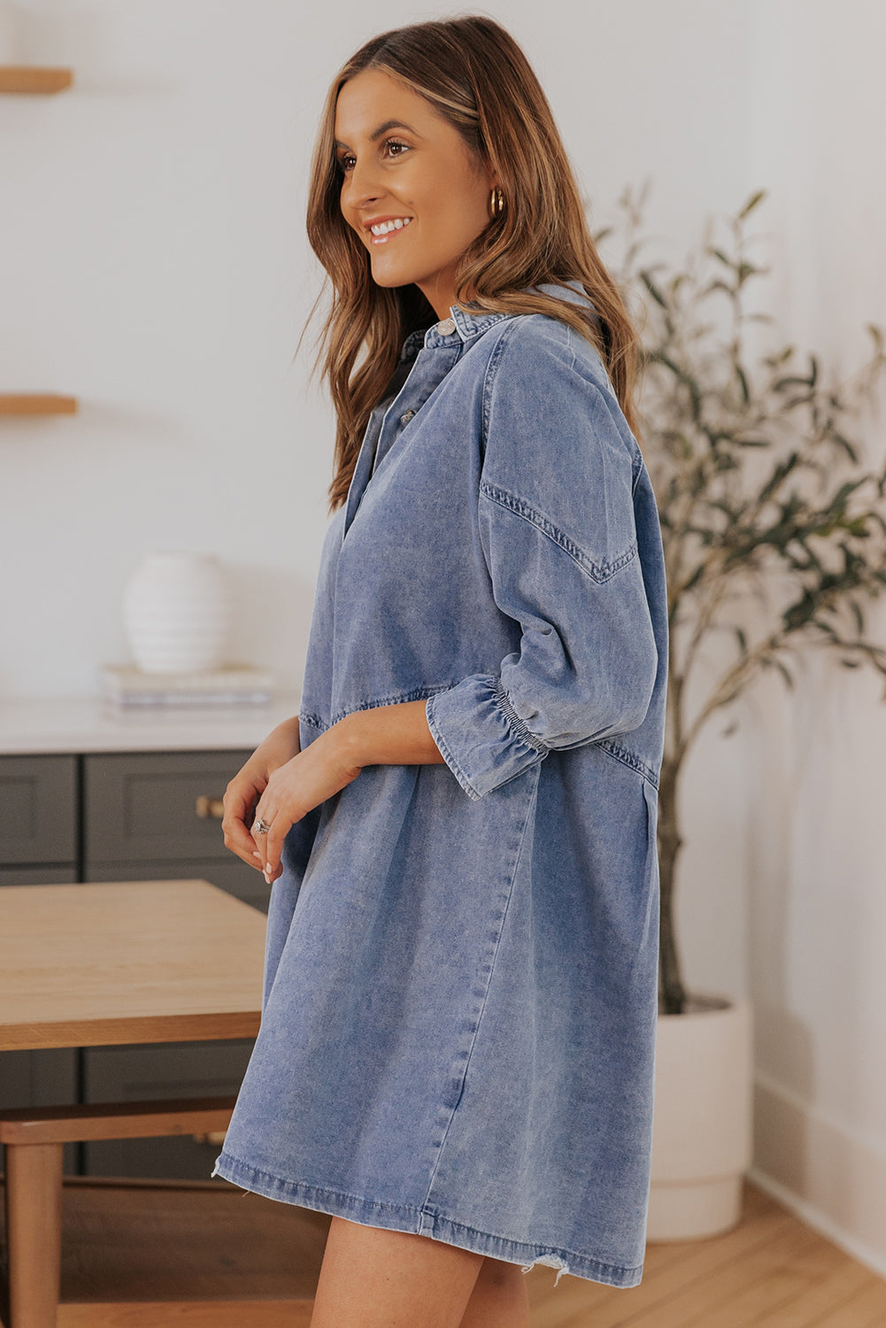 Sky Blue Buttoned Denim Long Sleeve Dress