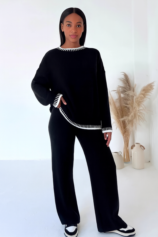 Contrast Trim Round Neck Top and Pants Sweater Set
