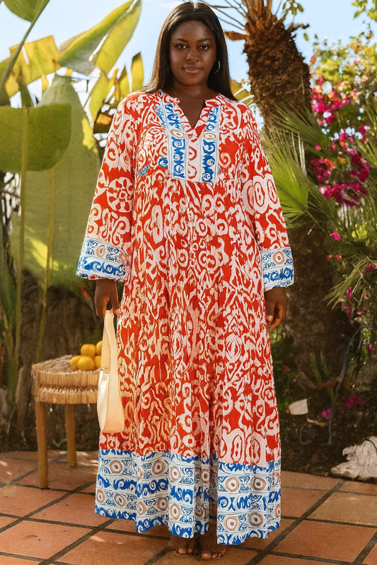 Lenora Boho Geometric Printed Long Sleeve Maxi Dre