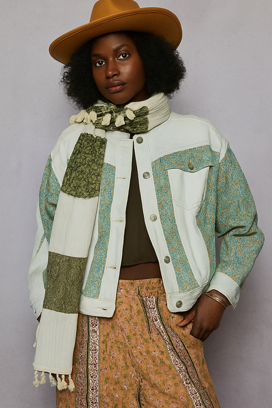POL Button Down Patchwork Denim Jacket with Floral Print Details