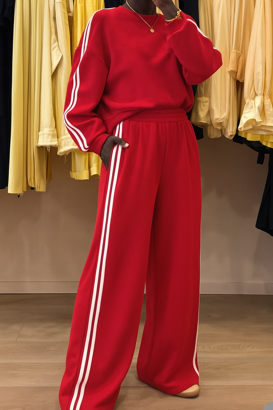 Striped Detail Crewneck Top and Elastic Sweatpants 2pcs Set
