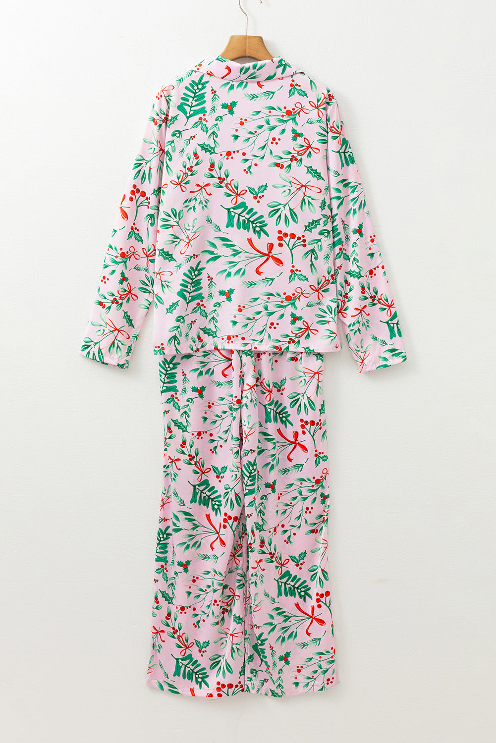 Pink Christmas Berries Print Satin Pajama Set