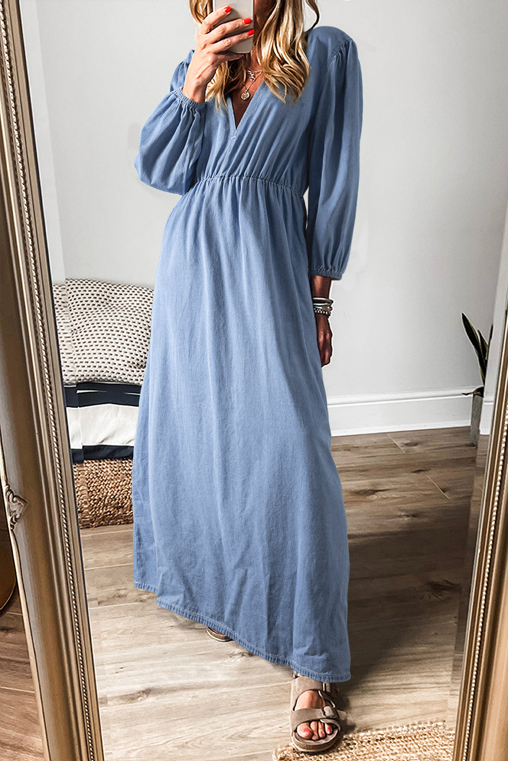 Denim Chambray Deep V Neck Bracelet Sleeve Maxi Dress
