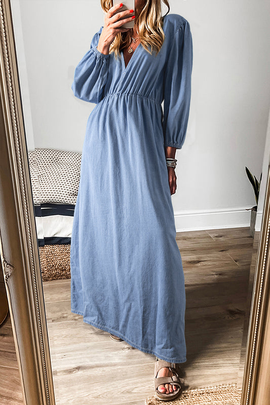 Denim Chambray Deep V Neck Bracelet Sleeve Maxi Dress