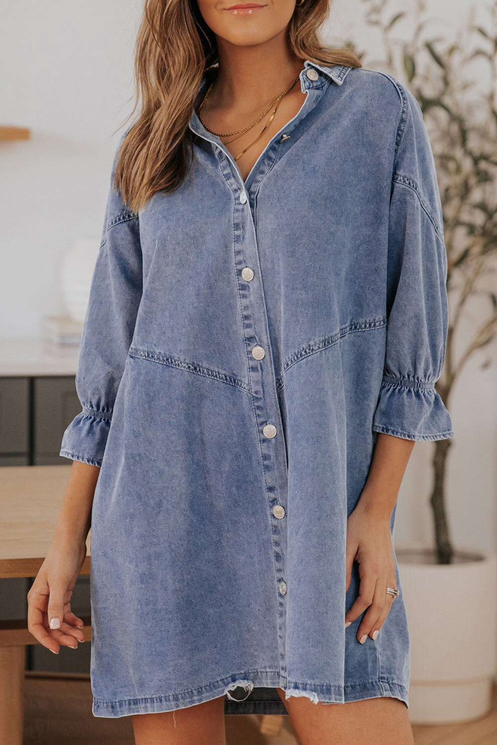 Sky Blue Buttoned Denim Long Sleeve Dress