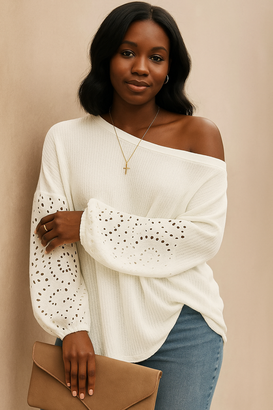 Shiny Openwork Dropped Shoulder Boat Neck Blouse