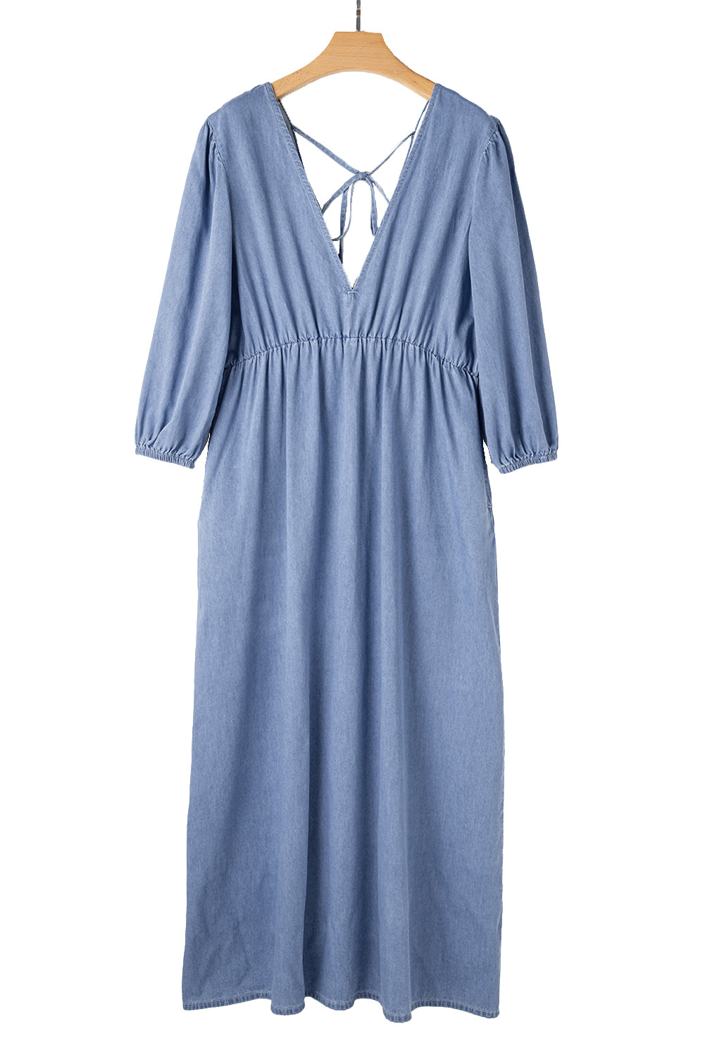 Denim Chambray Deep V Neck Bracelet Sleeve Maxi Dress