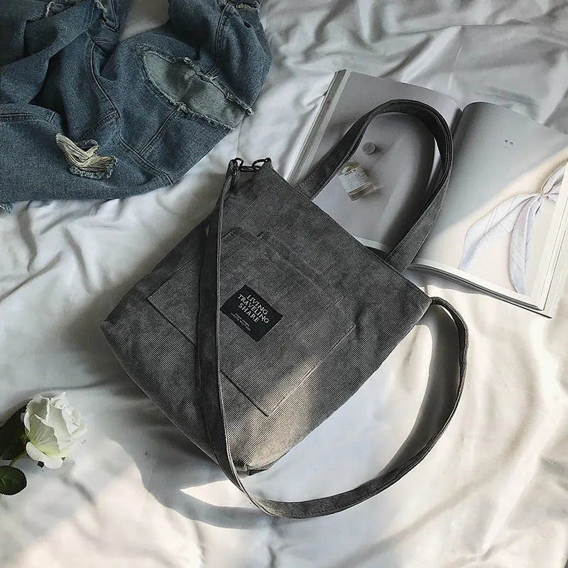Women Corduroy Shoulder Bags Striped Cloth Fabric Zipper Handbag Casual Tote Canvas Crossbody Bag Cute Shopping Bag Ladies Purse