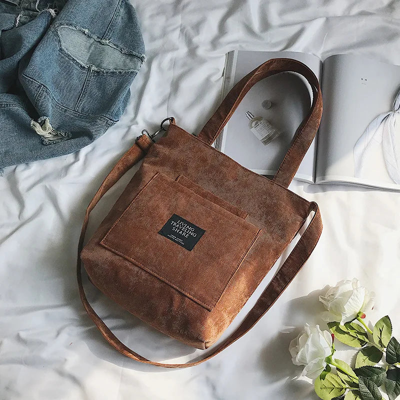 Women Corduroy Shoulder Bags Striped Cloth Fabric Zipper Handbag Casual Tote Canvas Crossbody Bag Cute Shopping Bag Ladies Purse