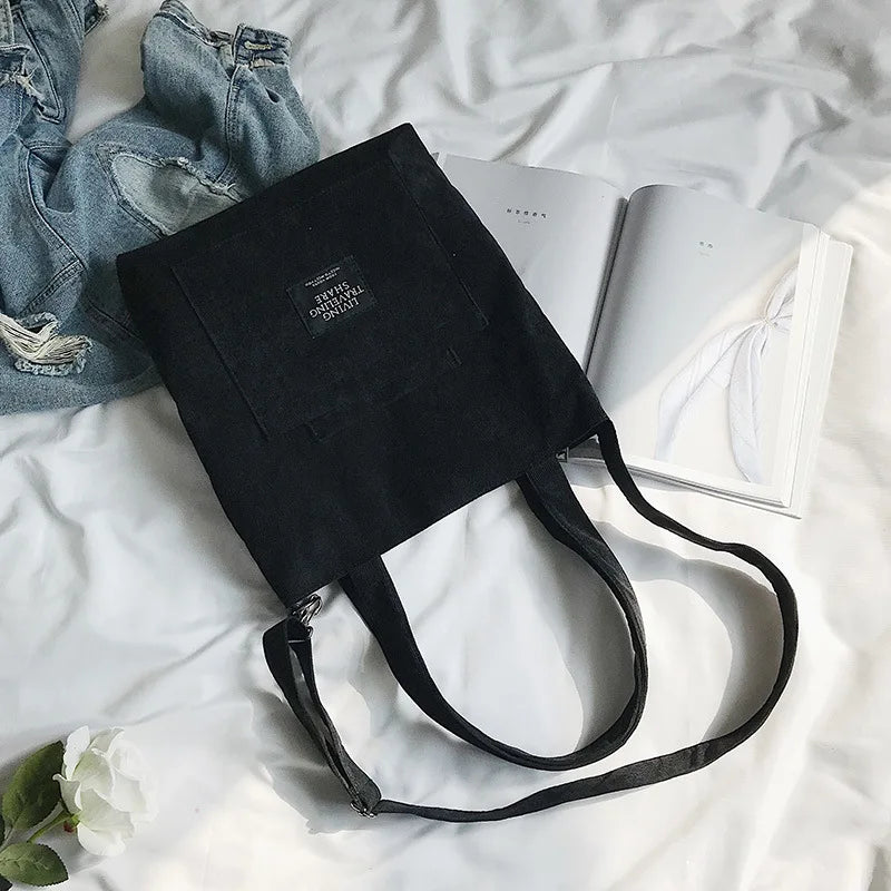 Women Corduroy Shoulder Bags Striped Cloth Fabric Zipper Handbag Casual Tote Canvas Crossbody Bag Cute Shopping Bag Ladies Purse