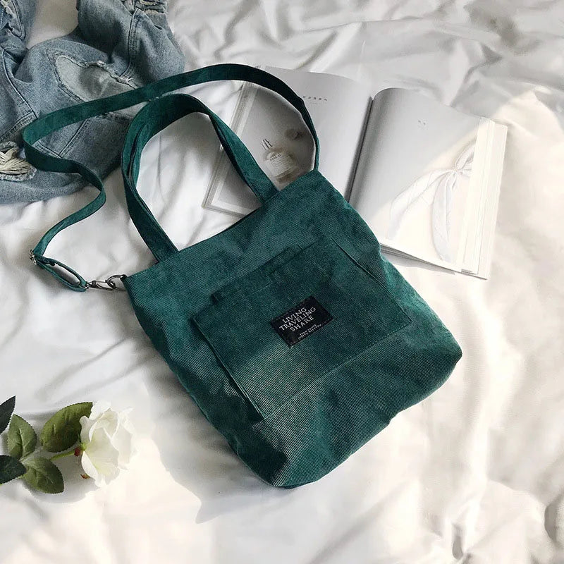 Women Corduroy Shoulder Bags Striped Cloth Fabric Zipper Handbag Casual Tote Canvas Crossbody Bag Cute Shopping Bag Ladies Purse