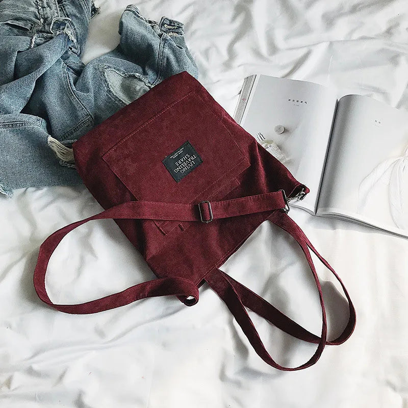 Women Corduroy Shoulder Bags Striped Cloth Fabric Zipper Handbag Casual Tote Canvas Crossbody Bag Cute Shopping Bag Ladies Purse