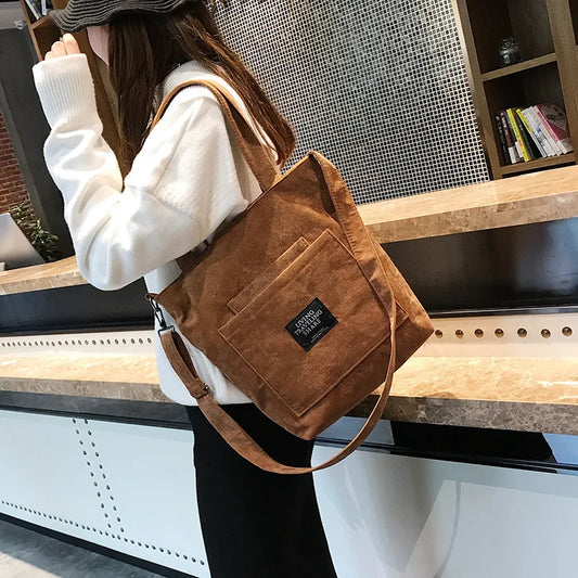 Women Corduroy Shoulder Bags Striped Cloth Fabric Zipper Handbag Casual Tote Canvas Crossbody Bag Cute Shopping Bag Ladies Purse