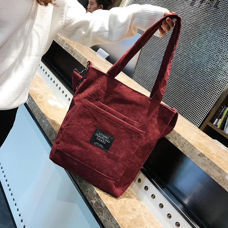 Women Corduroy Shoulder Bags Striped Cloth Fabric Zipper Handbag Casual Tote Canvas Crossbody Bag Cute Shopping Bag Ladies Purse