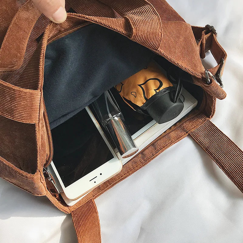 Women Corduroy Shoulder Bags Striped Cloth Fabric Zipper Handbag Casual Tote Canvas Crossbody Bag Cute Shopping Bag Ladies Purse