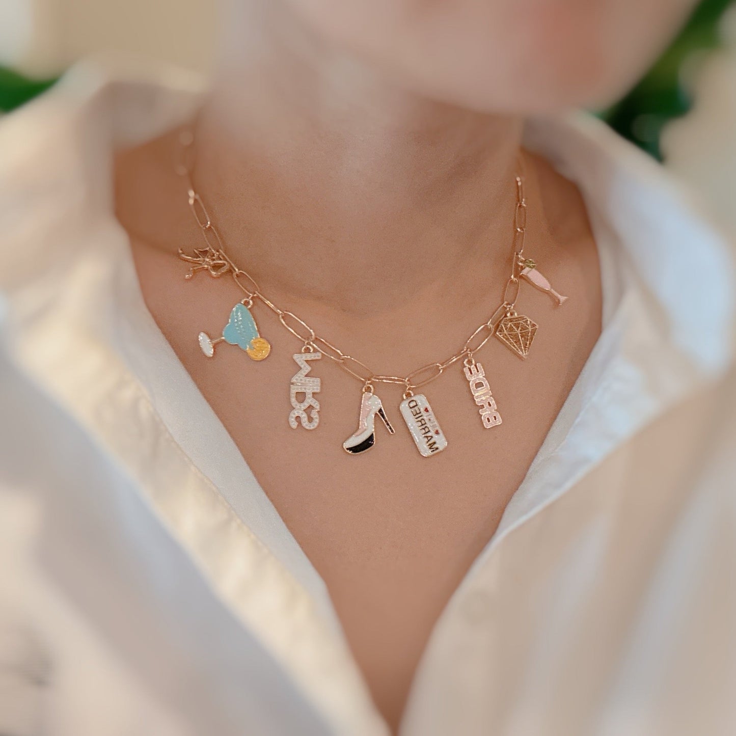 Mrs. Bride Cocktail Bow Charm Necklace