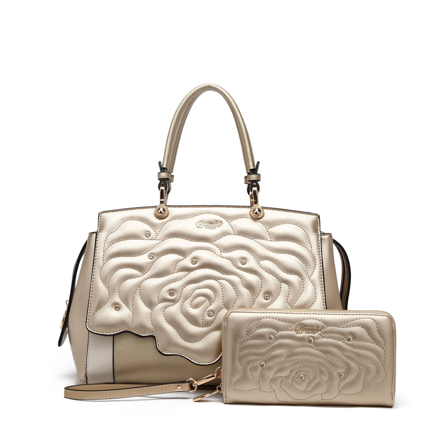 Rosette 3d Crystal Vegan Leather Metallic Handbag