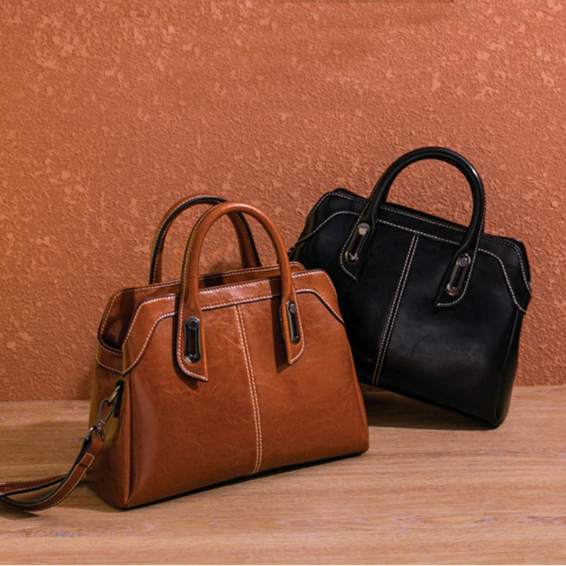 Genuine Leather Women Handbag Top Handle Shoulder Cross Body Bag Fashion Oil Wax Cowhide Purses and Handbags Messenger Tote Bags