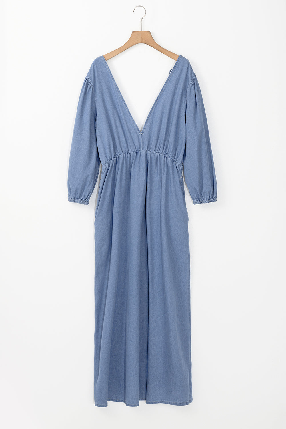 Denim Chambray Deep V Neck Bracelet Sleeve Maxi Dress