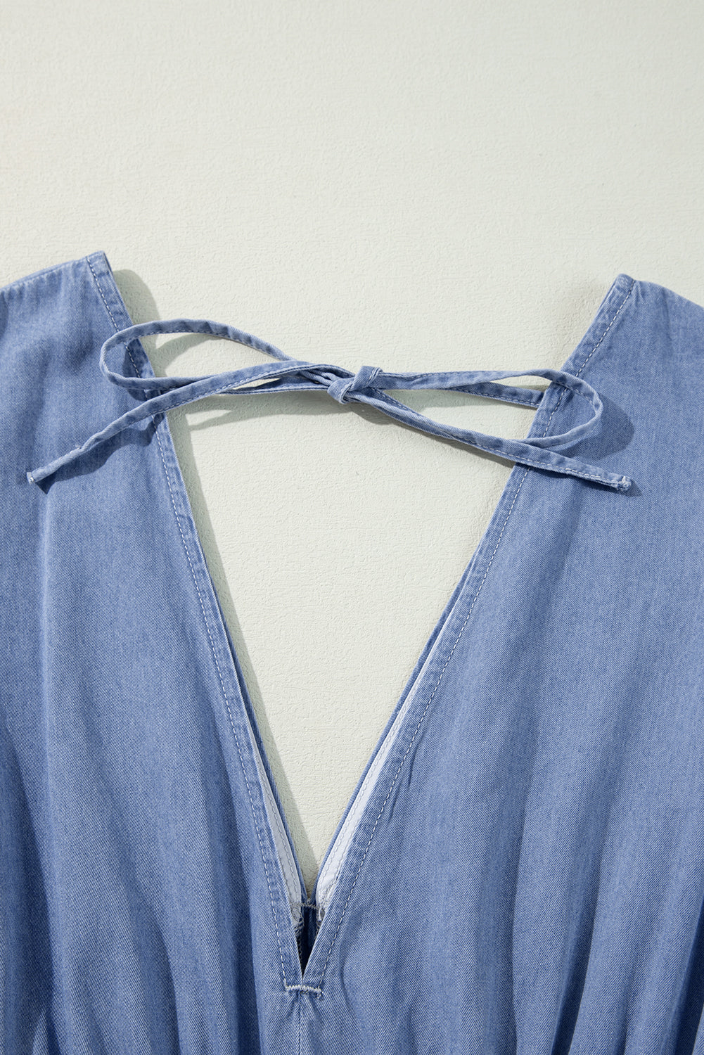Denim Chambray Deep V Neck Bracelet Sleeve Maxi Dress