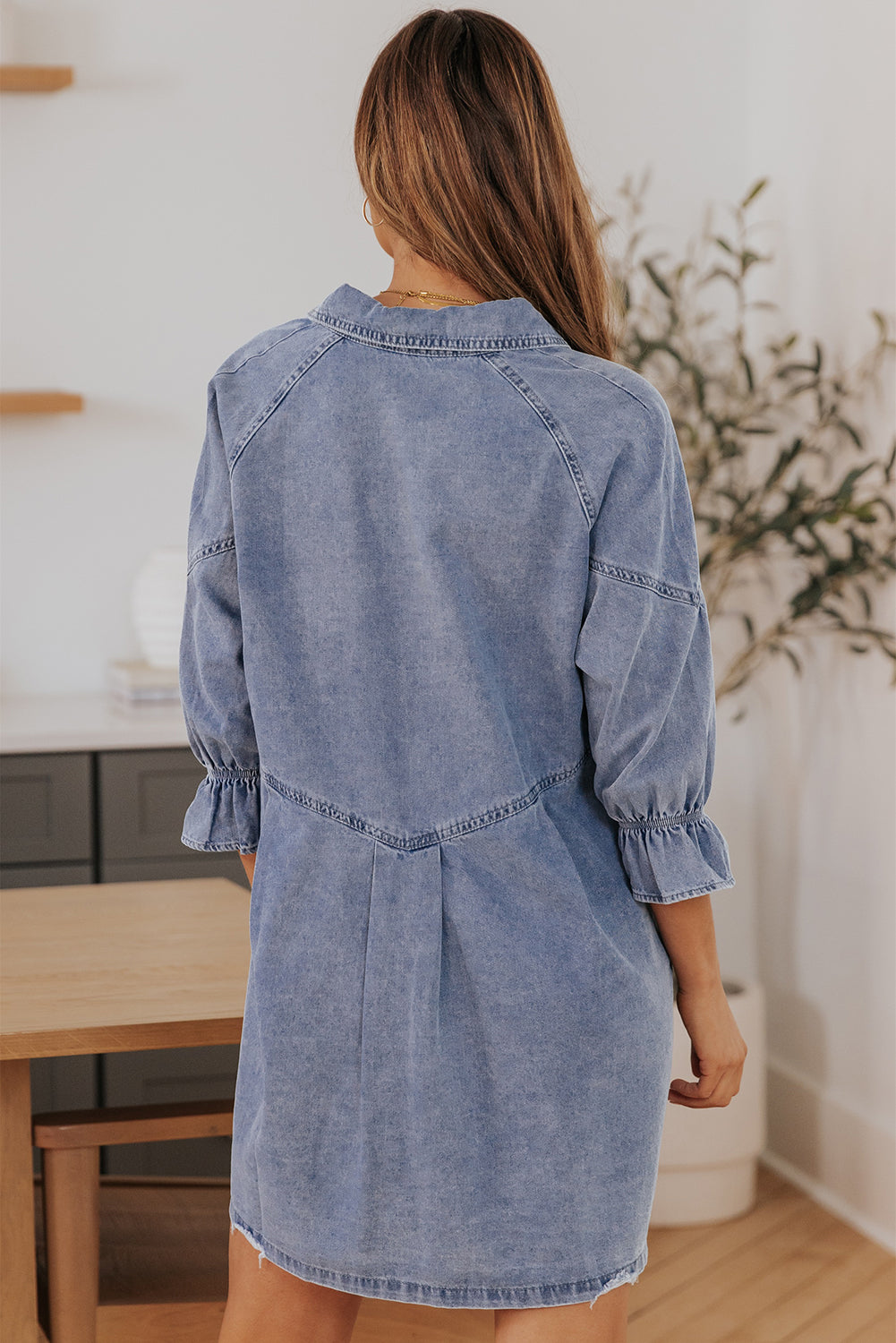 Sky Blue Buttoned Denim Long Sleeve Dress