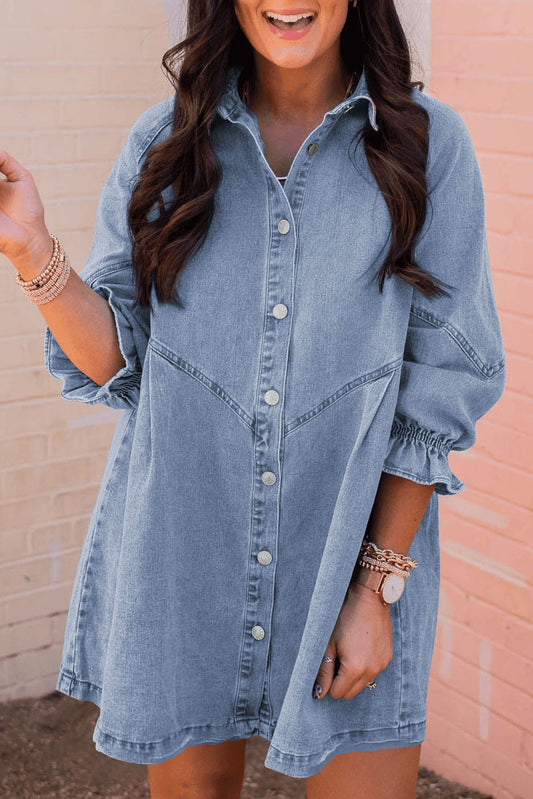 Sky Blue Buttoned Denim Long Sleeve Dress